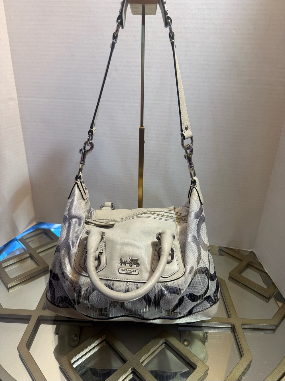 Coach White and Gray Signature Canvas Shoulder Satchel